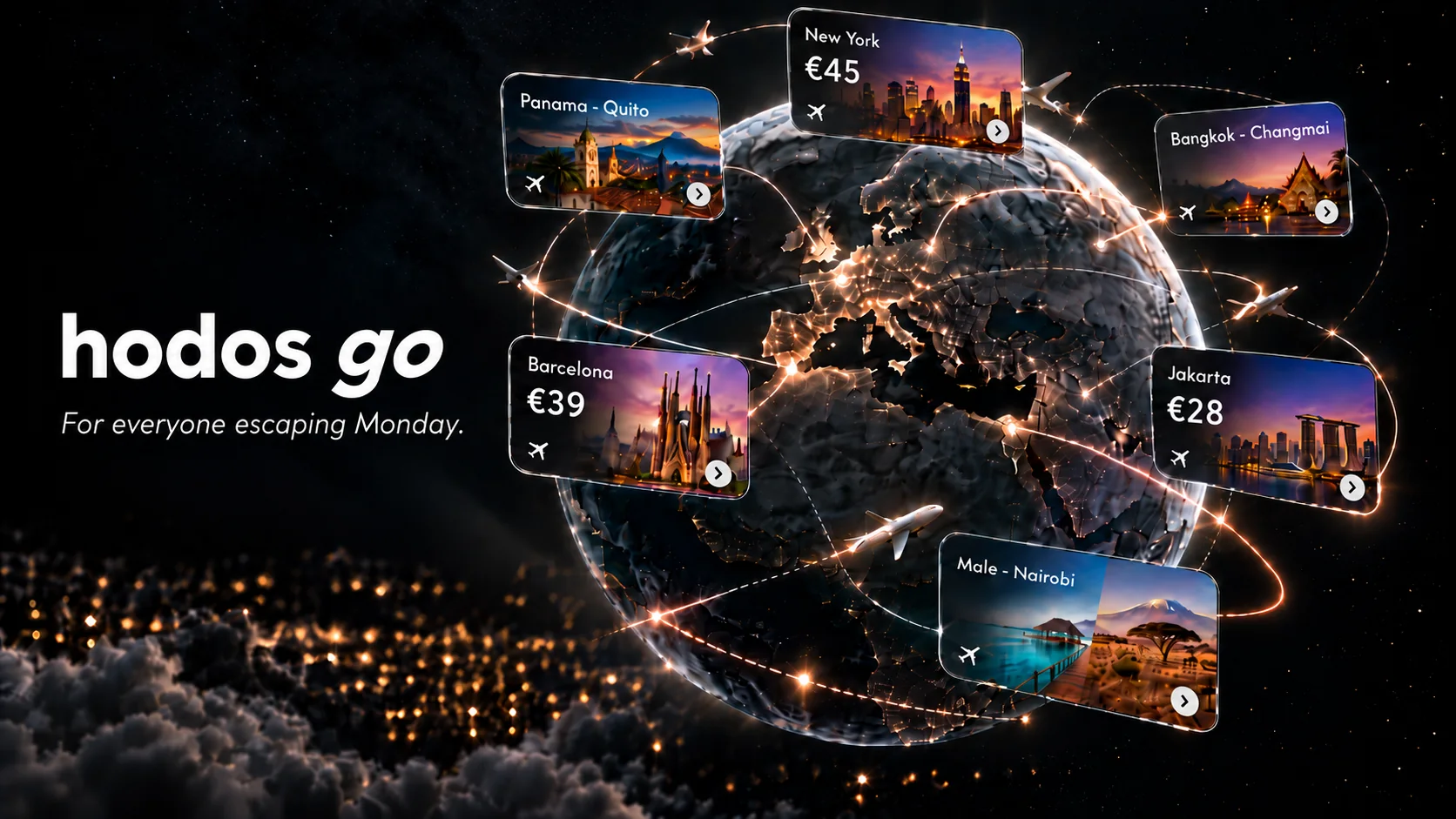 Hodos Go: golden flight routes around Earth with illustrative destination offers